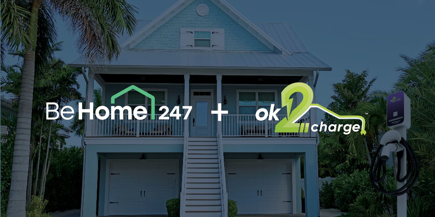 hero image with the words, BeHome247 and OK2Charge depicting a partnership offering EV charging for vacation rentals